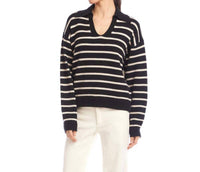 Karen Kane Stripe Polo Sweater in black with ecru - women's sweater - detail view