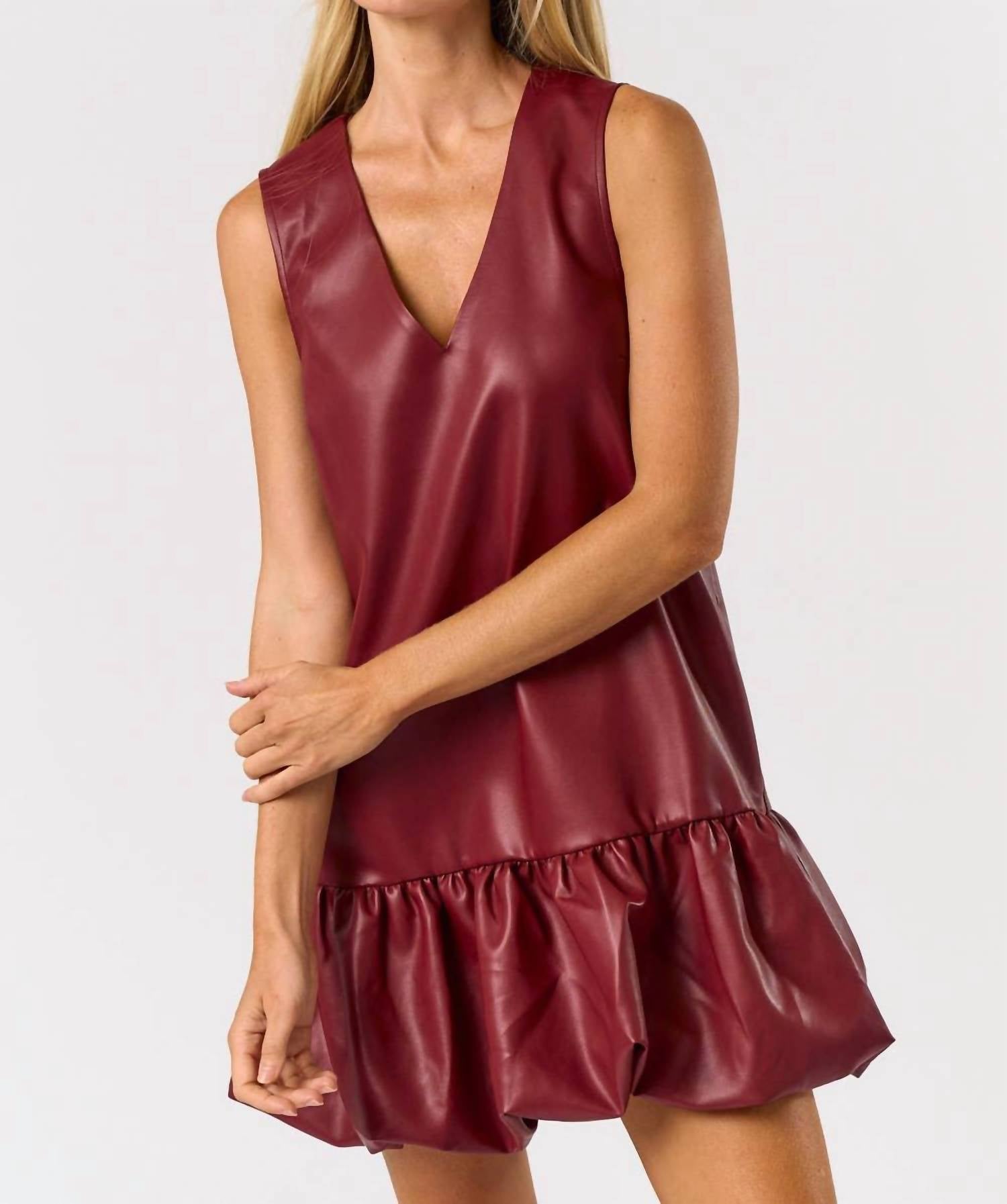 Lalavon - Sleeveless Faux Leather Bubble Mini Dress