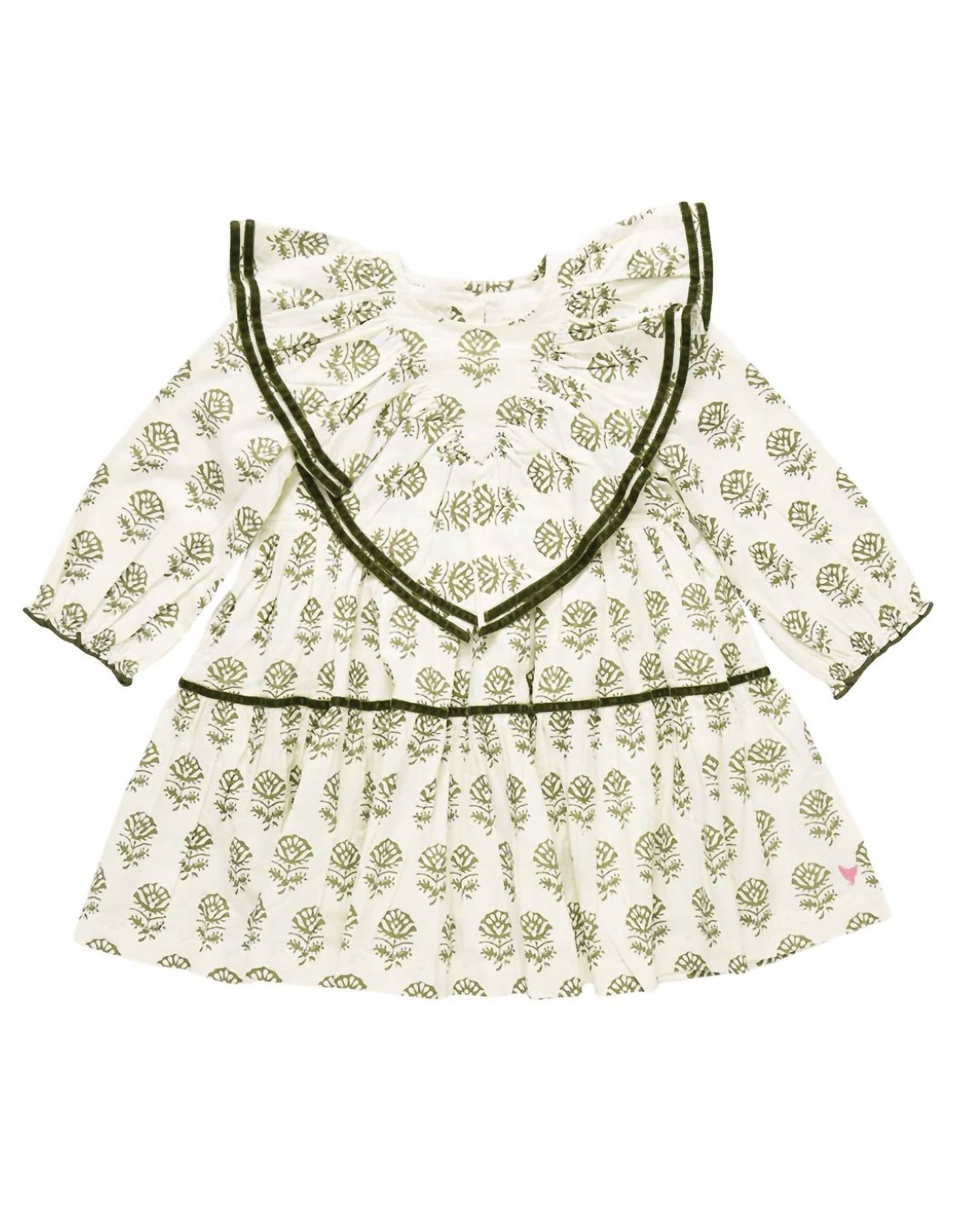 PINK CHICKEN Raphaela Ruffle Dress in olive rose floral - kids' dress - detail view