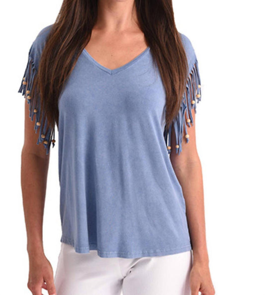 Stone Wash Cut Out Fringe Beaded Sleeve Top