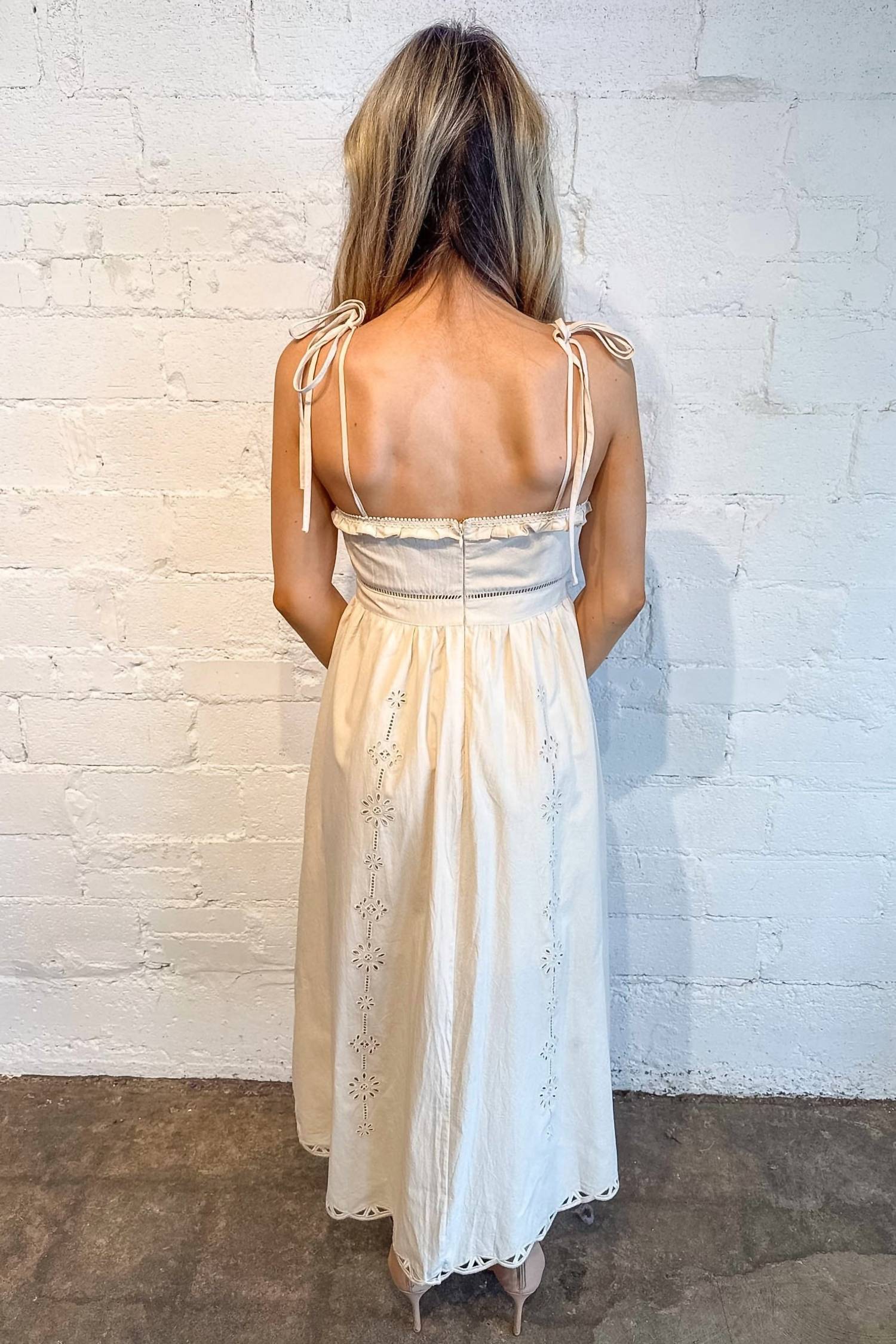 day + moon Embroidered Lace Trim Midi Dress in cream - women's dress - detail view
