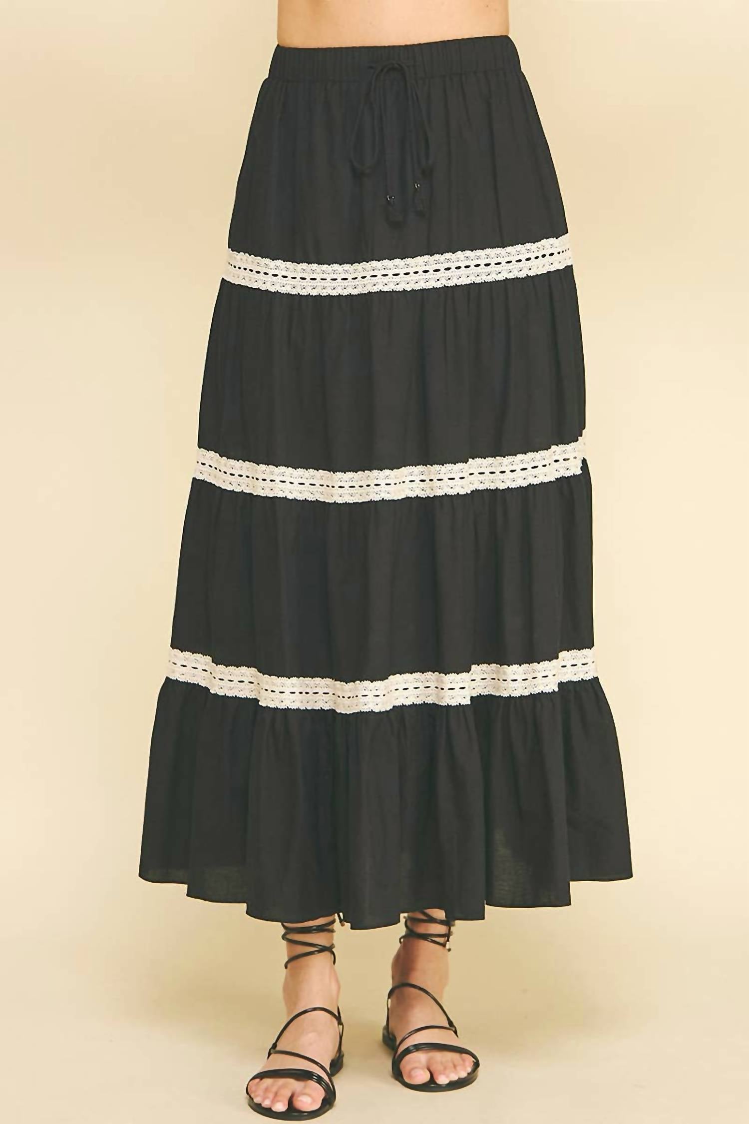PINCH Embroidered Tiered Maxi Skirt in black - women's skirt