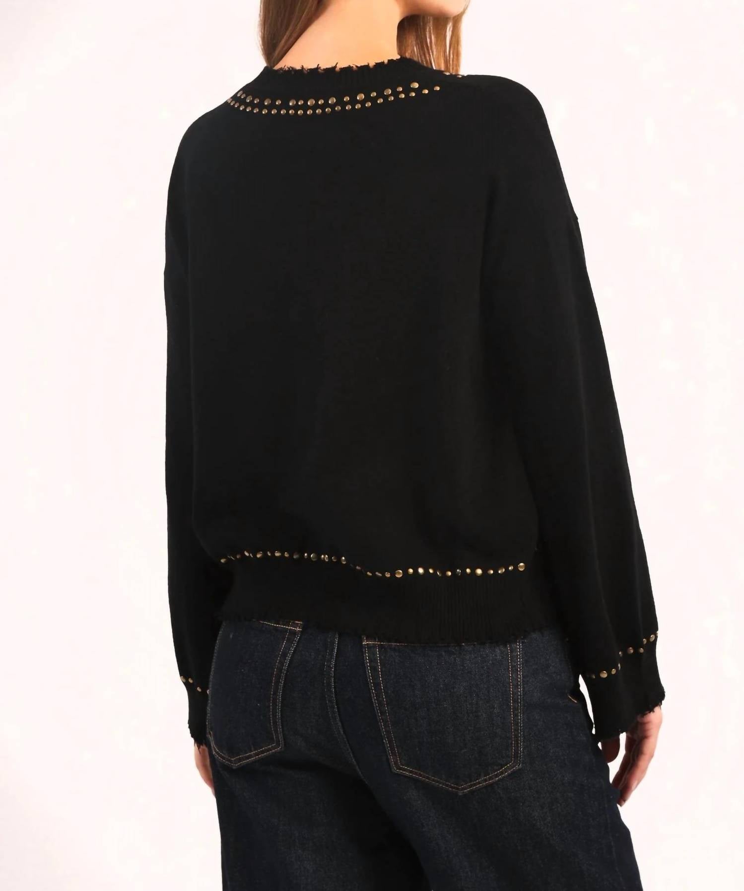 Minnie Rose Cotton Cashmere Frayed Crew Sweater in black - women's sweater - alternate view