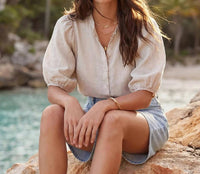 Karen Kane - Puff Sleeve Linen Button-Up Shirt