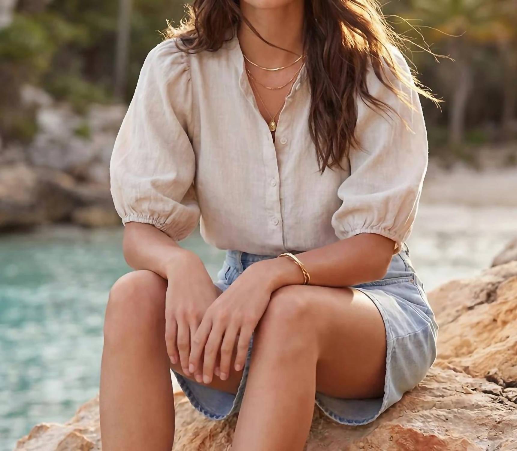 Karen Kane - Puff Sleeve Linen Button-Up Shirt