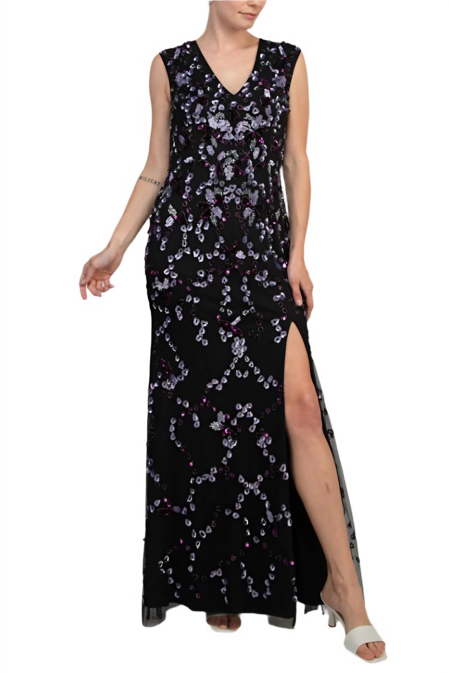 Adrianna Papell - Beaded V Neck Cap Sleeve Front Slit Gown