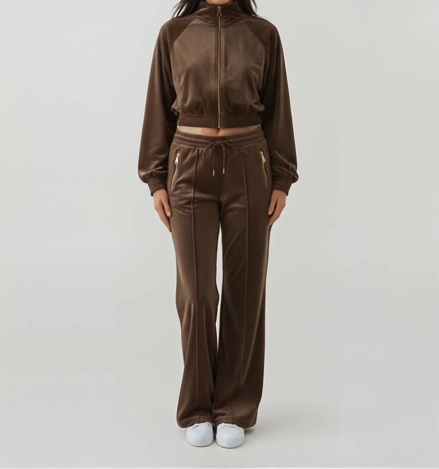 Malibu Road Luxe Velour Tracksuit Set in brown - women's sleepwear
