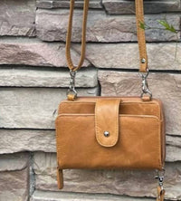 Roma Leathers Women's Leather Phone Crossbody Wallet in light brown - women's bag - detail view