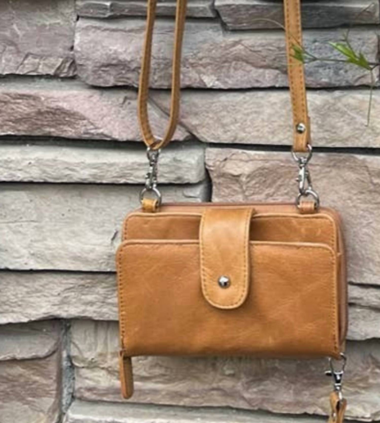 Roma Leathers Women's Leather Phone Crossbody Wallet in light brown - women's bag - detail view