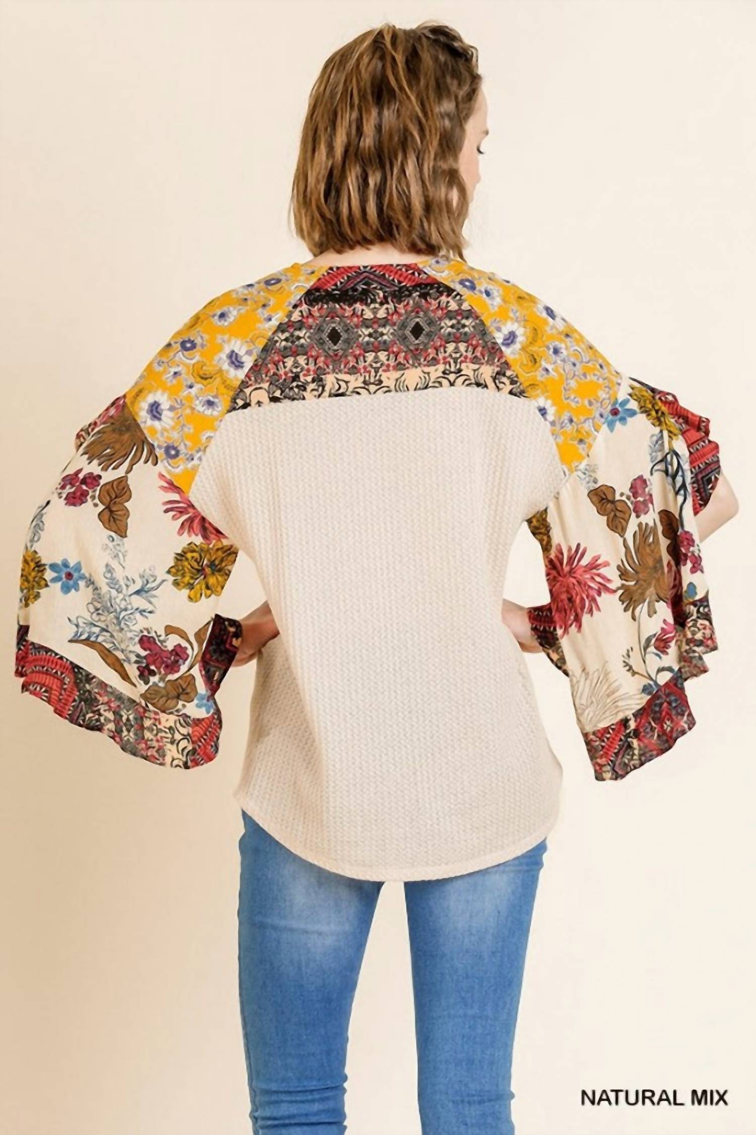 Umgee - Floral Bell Ruffle Sleeve Crossbody Top