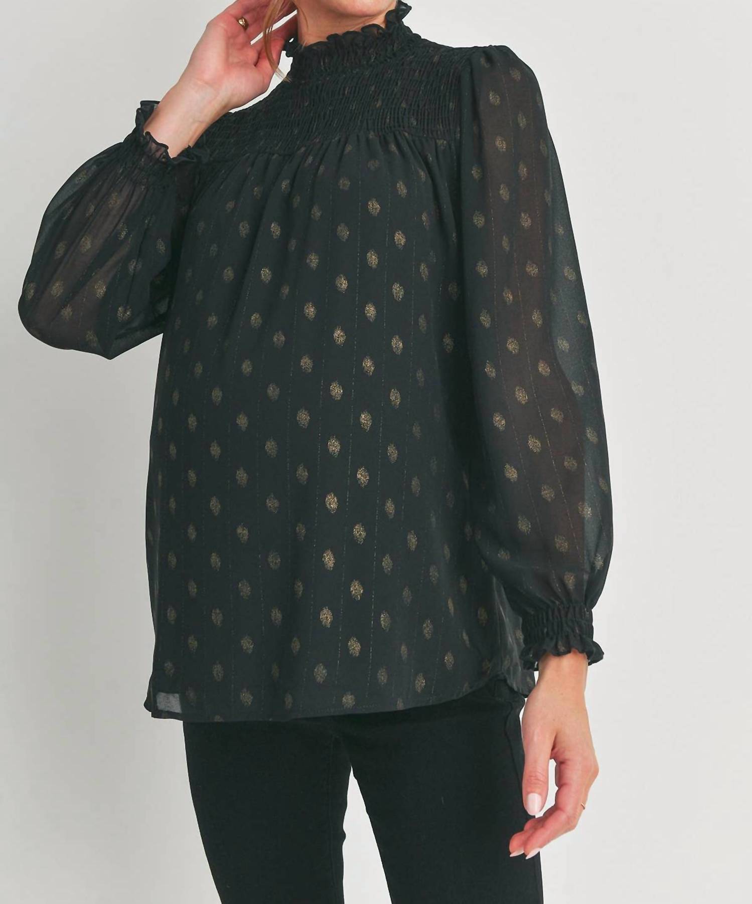 Hello Miz - Smocked Mock Neck Polka Dot Maternity Top