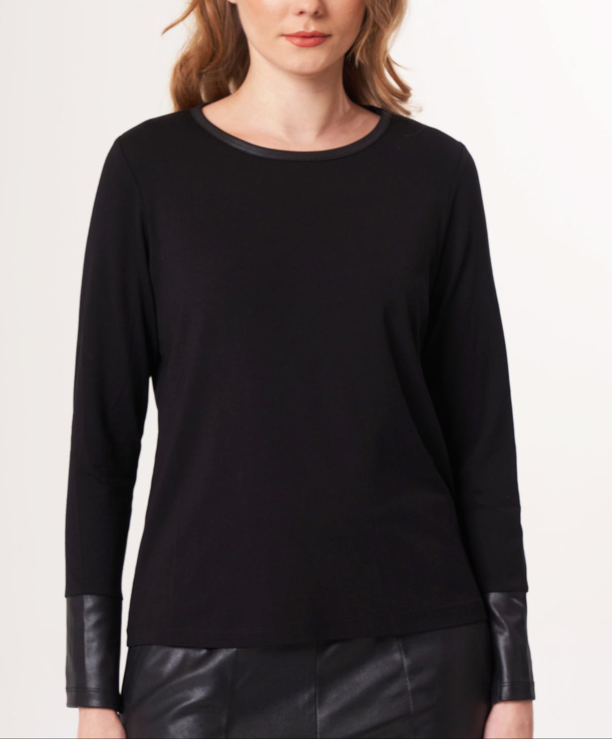 Angel Apparel Vegan Leather Trim Top in black - women's long sleeve top - detail view