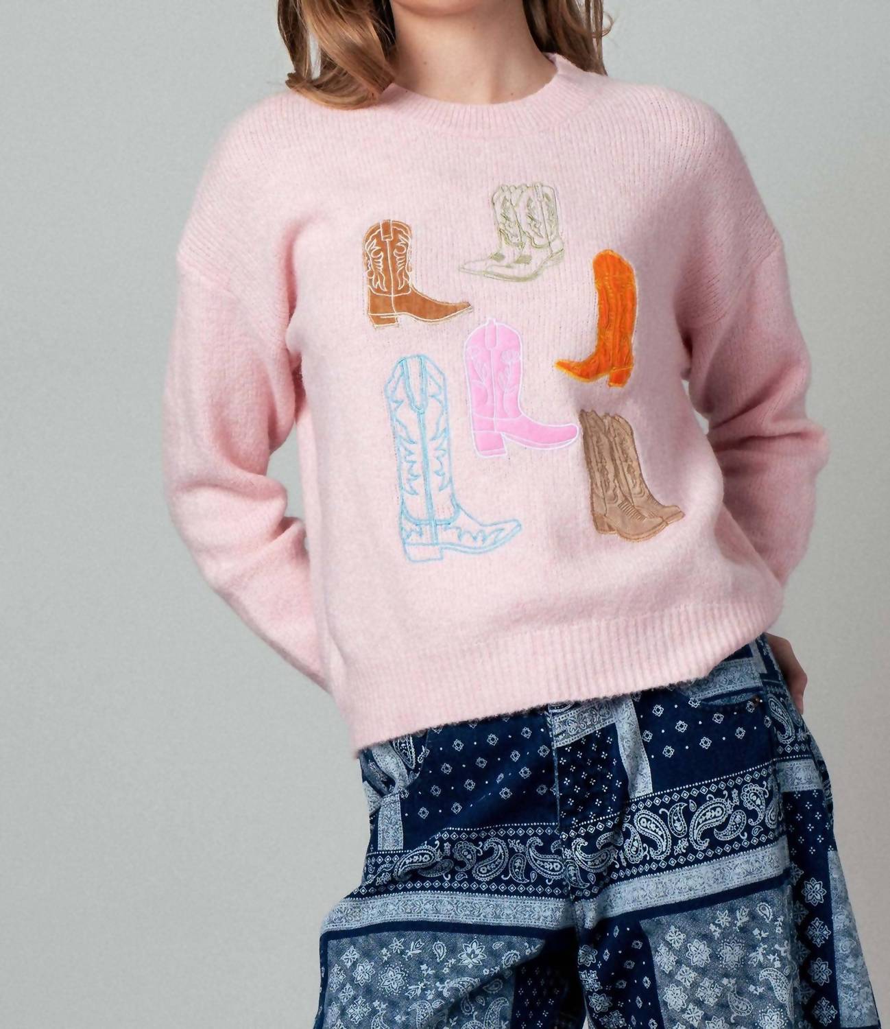Urban Daizy Western Embroidered Cowboy Boot Sweater in pink - women's sweater - alternate view