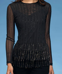 Oolala - High Neck Rhinestone Pinstripe Crystal Trim Mesh Top