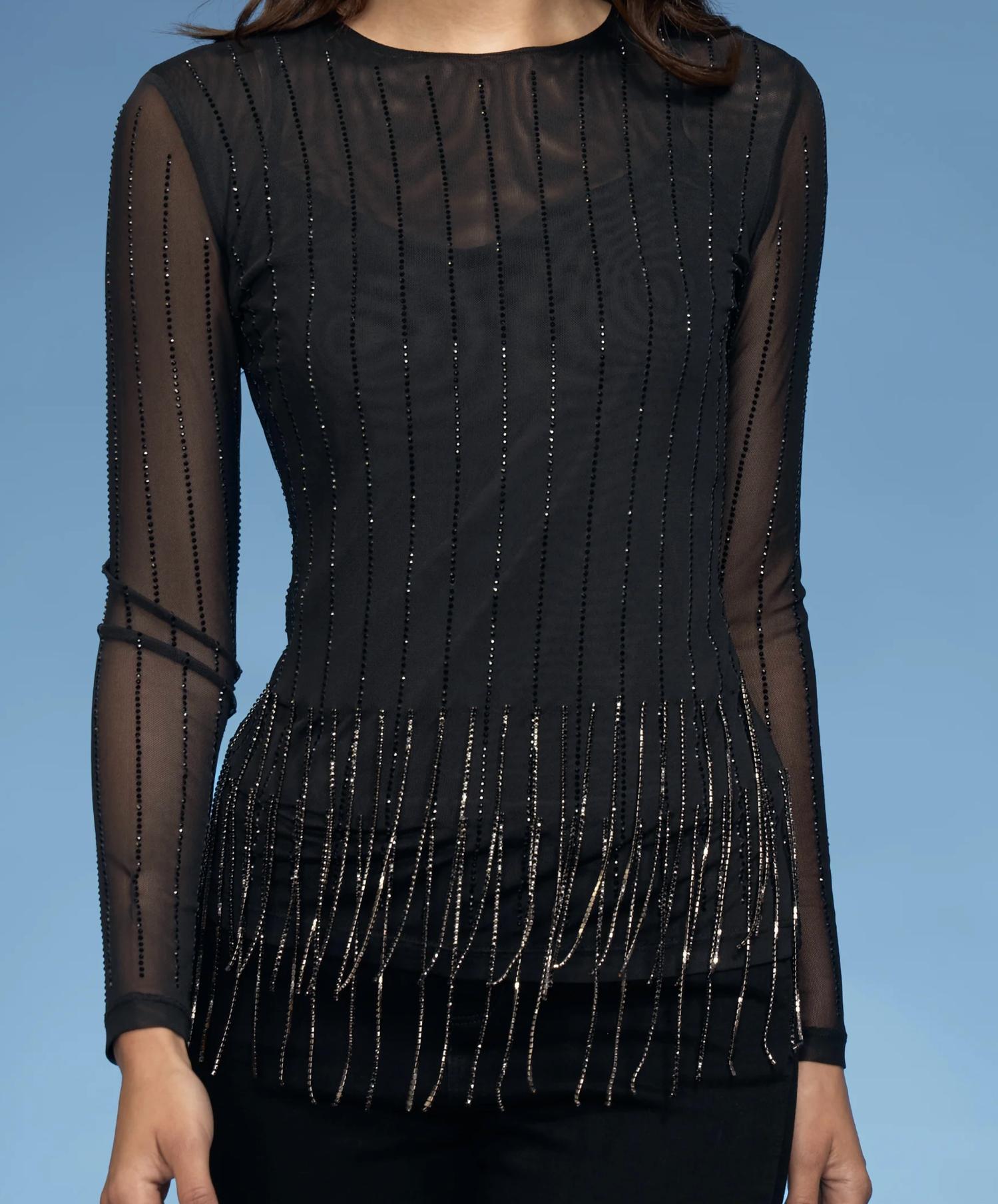 Oolala - High Neck Rhinestone Pinstripe Crystal Trim Mesh Top