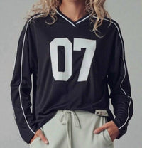 Urban Daizy Varsity 07 Graphic V-neck Jersey Top in black - women's long sleeve top