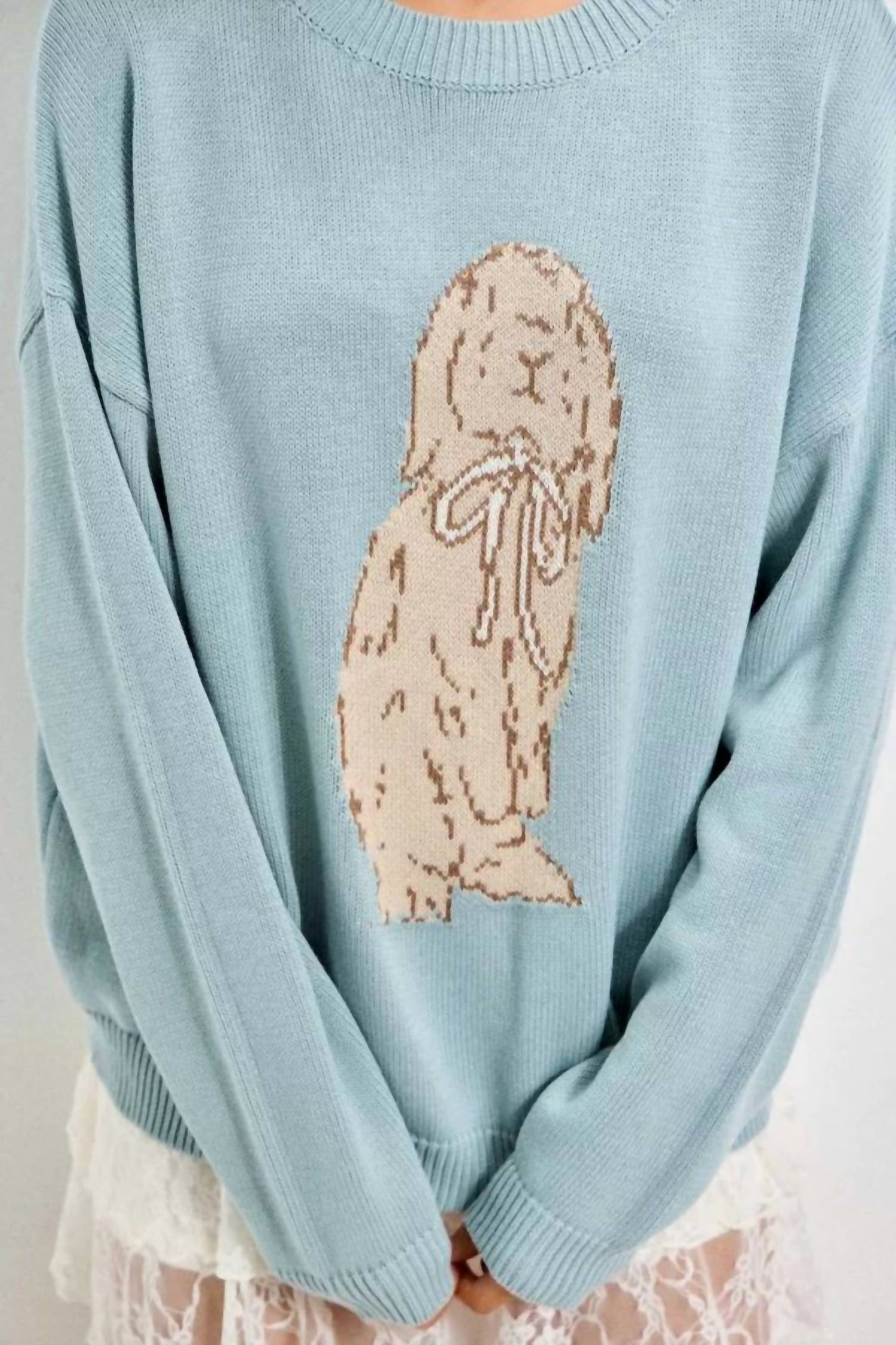 Baevely by Wellmade Bunny Sweater in blue - women's sweater - detail view