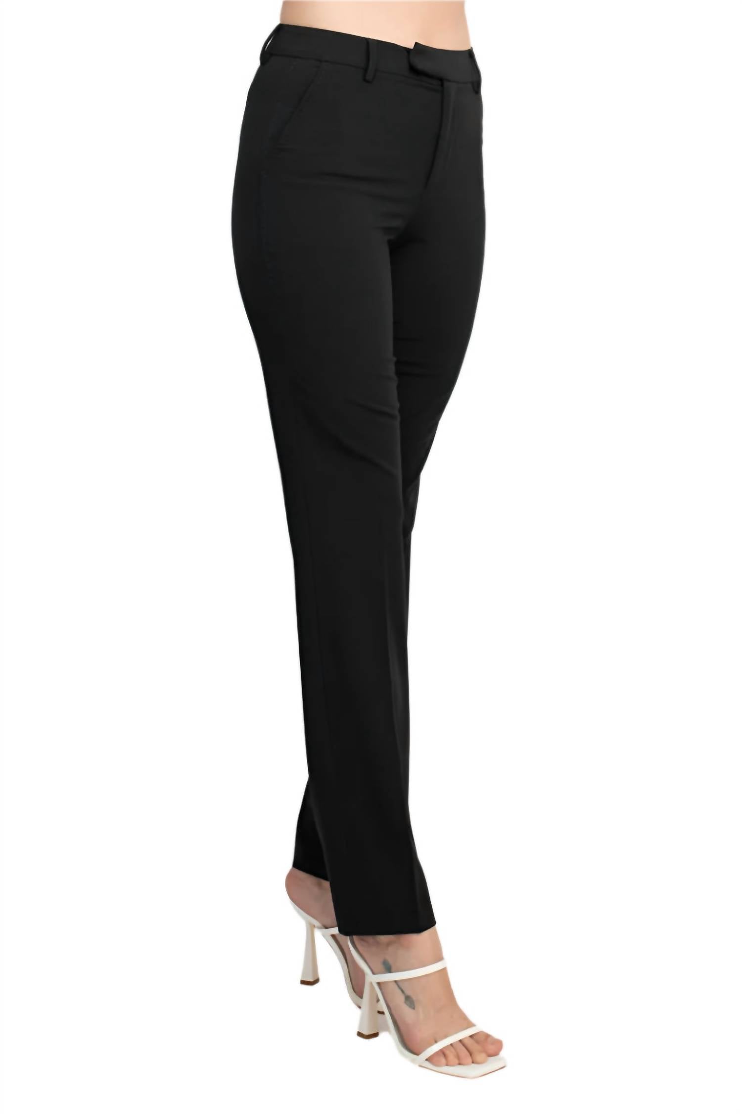Ecru - Women's Mid Waist Hook Button Zip Closure Belt Hoop Straight Solid Crepe Pants