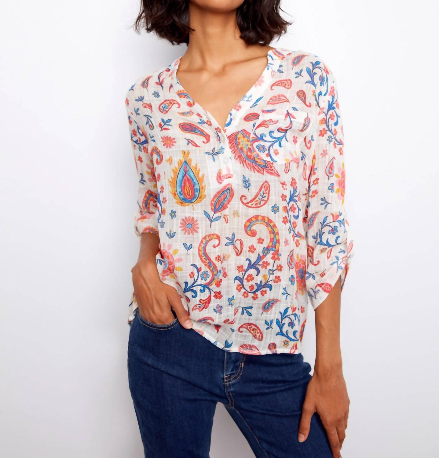 Charlie B - Roll Up Sleeve Cotton Gauze Blouse