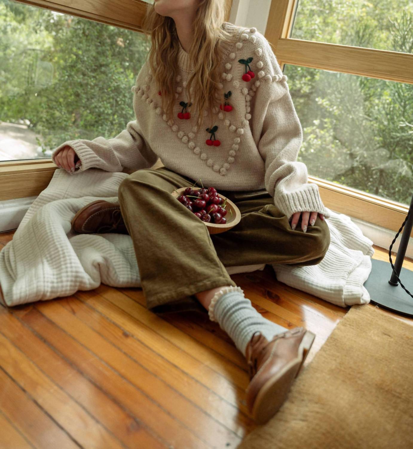 Miou Muse - Cherry Popcorn Trim Sweater
