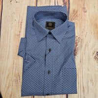 F/X Fusion Men's Short Sleeve Foulard Print Shirt in blue brown - men's shirt - detail view