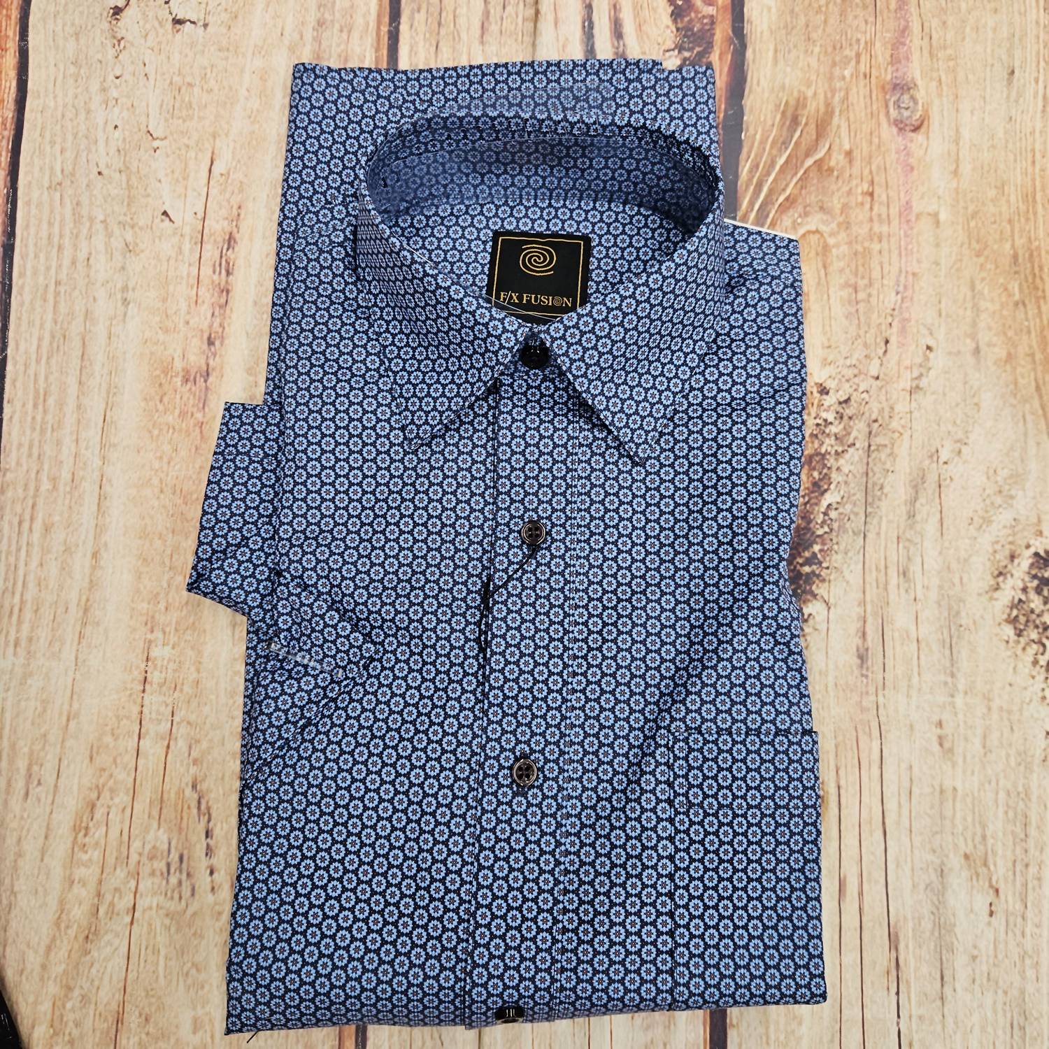 F/X Fusion Men's Short Sleeve Foulard Print Shirt in blue brown - men's shirt - detail view
