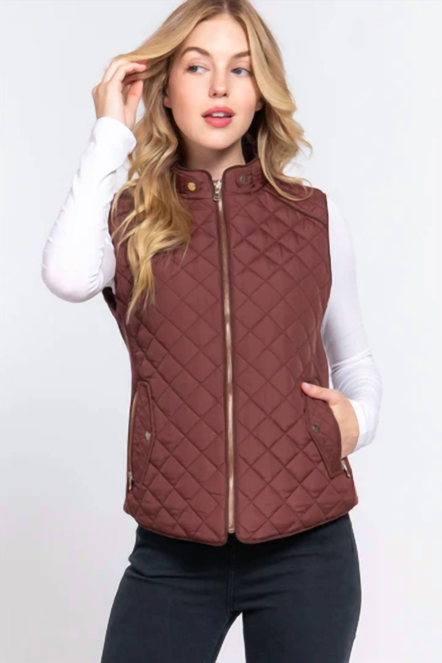 Love Tree - High Neck Quilted Zip Up Puffer Vest Jacket