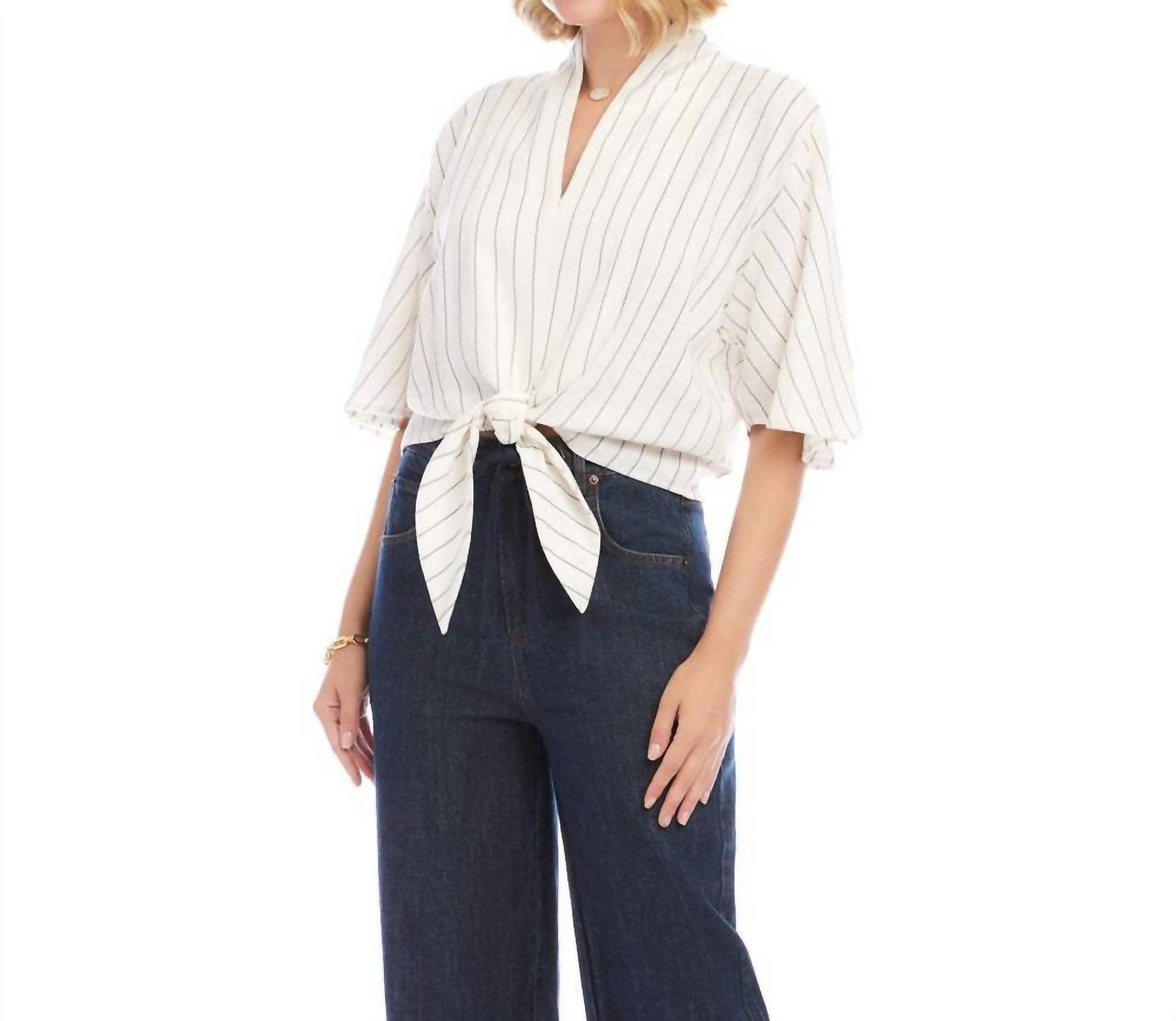 Karen Kane - Linen Blend Stripe Flare Sleeve Tie-front Top