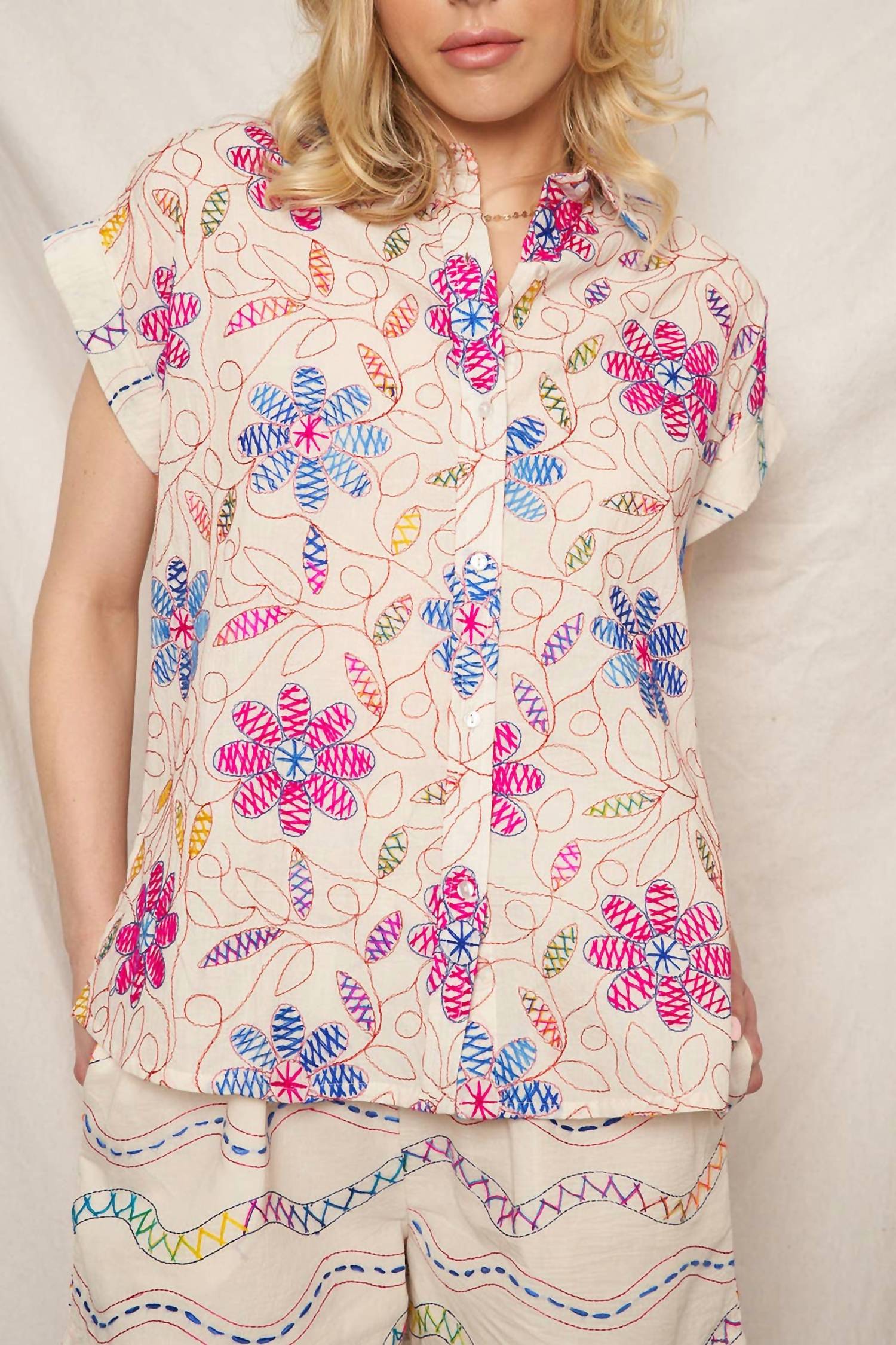 En Creme - Embroidered Short Sleeve Button Down Shirt