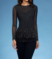 Oolala - High Neck Rhinestone Pinstripe Crystal Trim Mesh Top