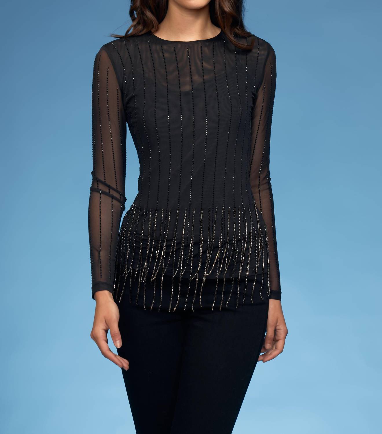 Oolala - High Neck Rhinestone Pinstripe Crystal Trim Mesh Top