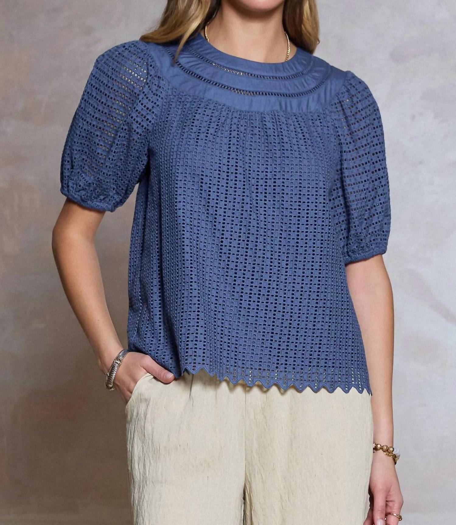 Current Air - Eyelet Embroidery Short Sleeve Blouse