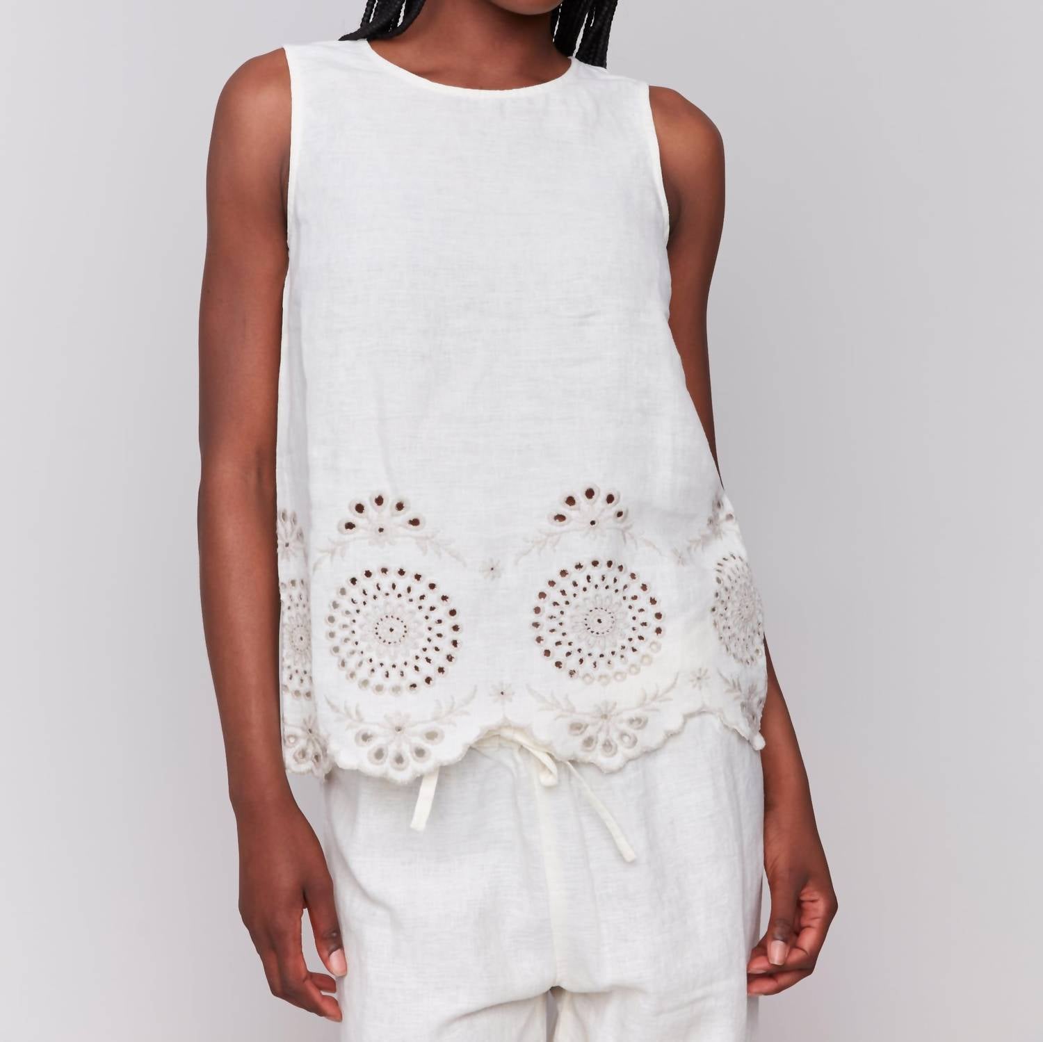 Charlie B - Sleeveless Linen Top With Eyelet Embroidery