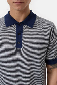 CLOSED Mens Striped Linen Blend Polo Shirt in smokey blue - men's t-shirt - alternate view