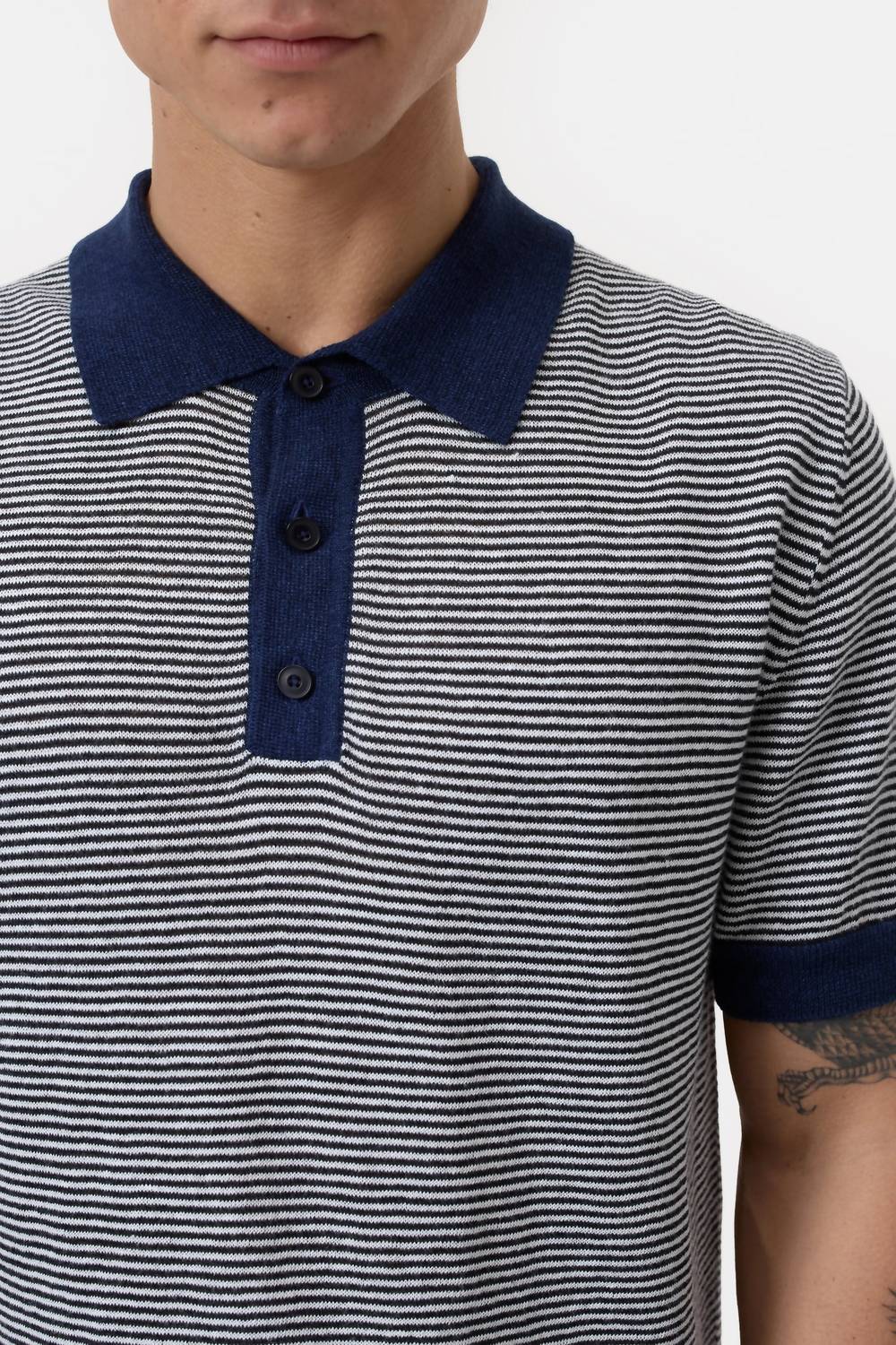 CLOSED Mens Striped Linen Blend Polo Shirt in smokey blue - men's t-shirt - alternate view