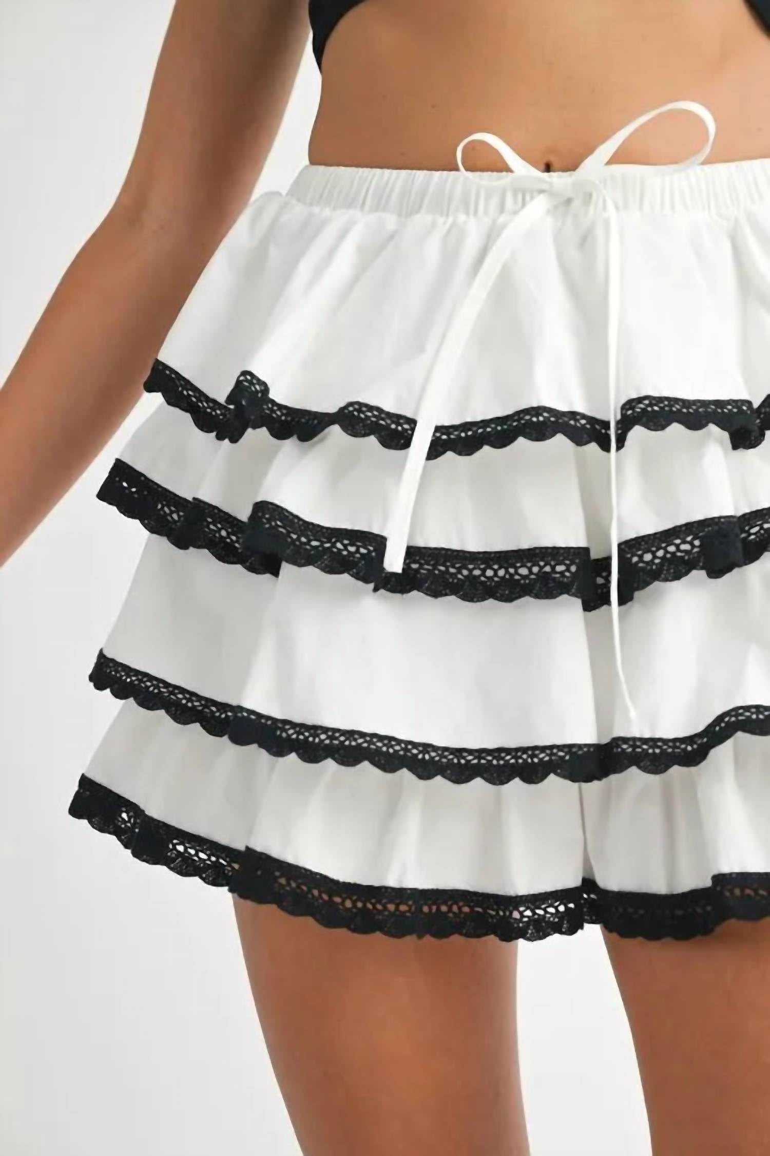 Mable - Poplin Ruffle Layered Contract Lace Trim Mini Skirt