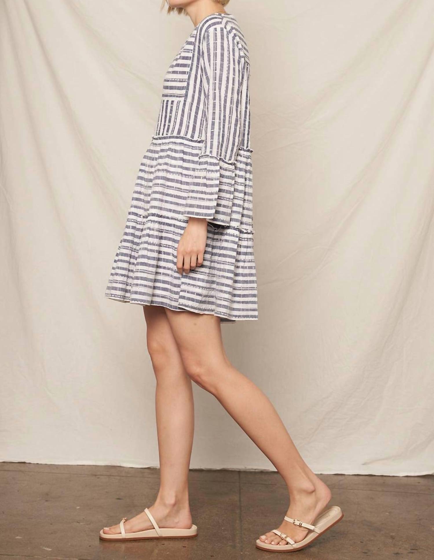 En Creme - 3/4 Sleeve Striped Tiered Mini Dress
