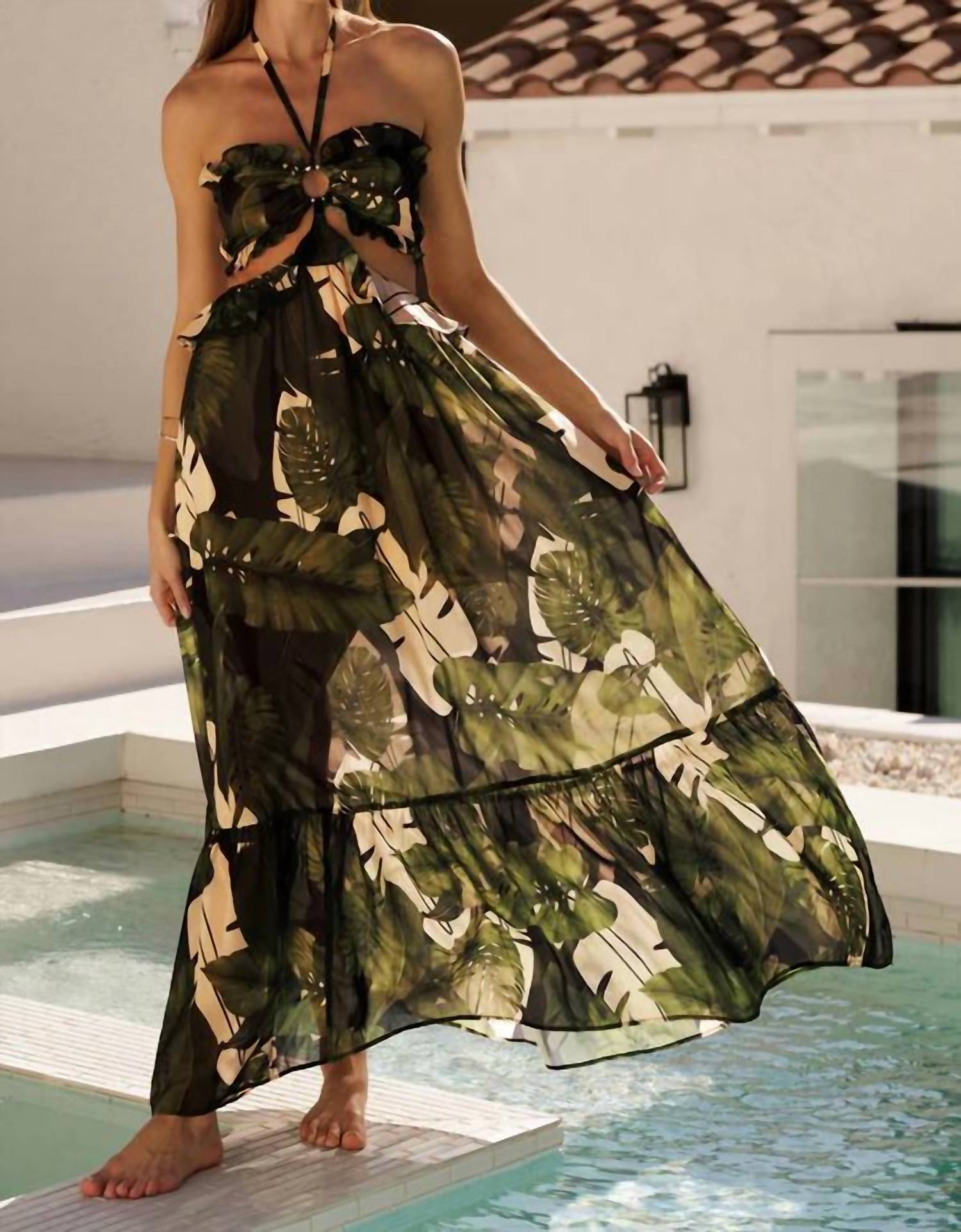 EB Luxe Tropical Palm Halter Maxi Dress in green black multi - women's dress