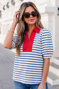 Aapparella - Stripe Short Puff Sleeve Collared Blouse