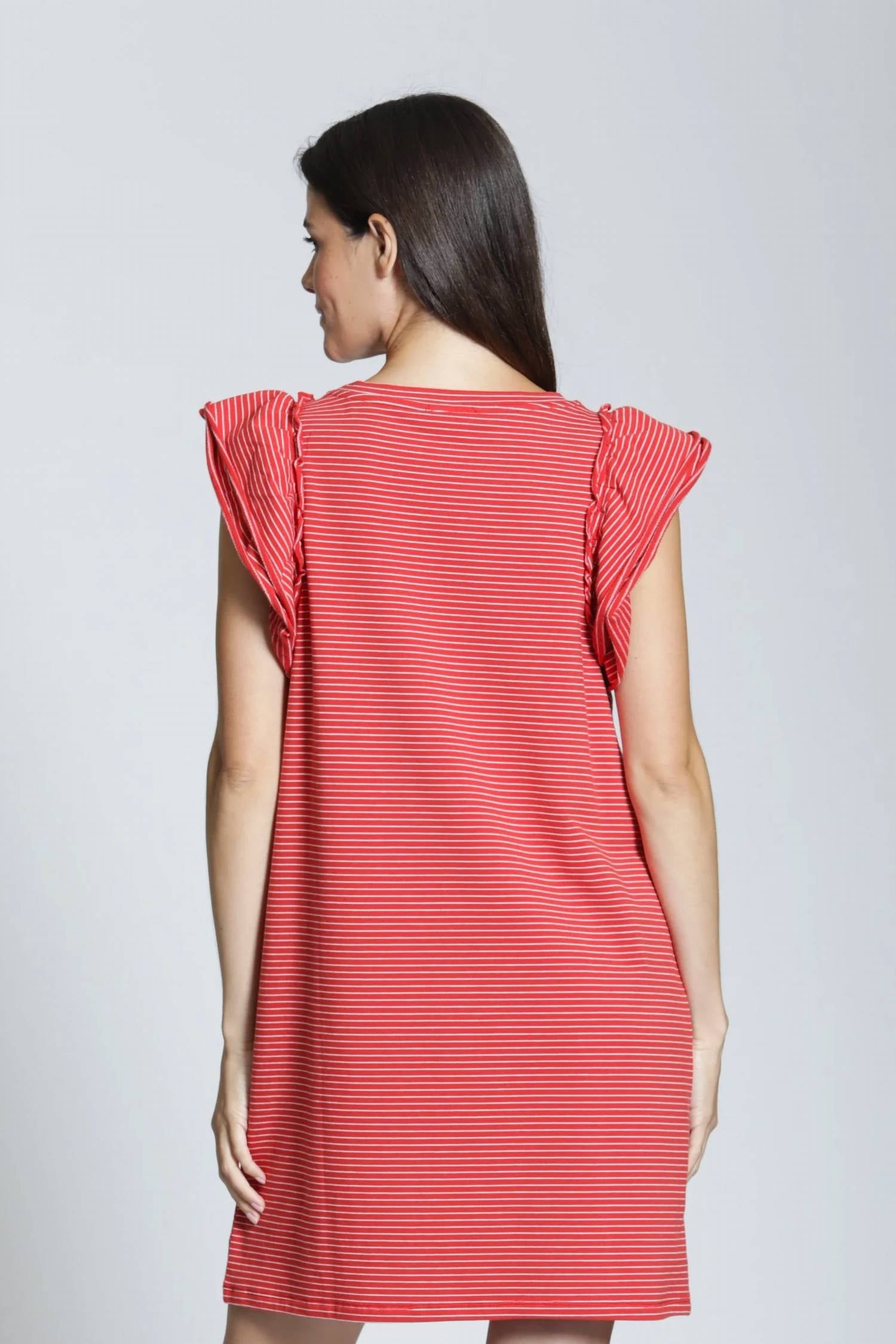 Apny - Women's Side Stripe Ruffle Sleeve Dress