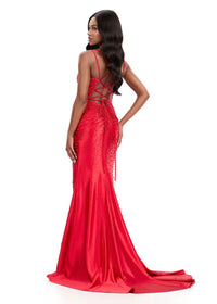 ASHLEYlauren Pearl Prom Dress With Lace in red - women's dress - alternate view