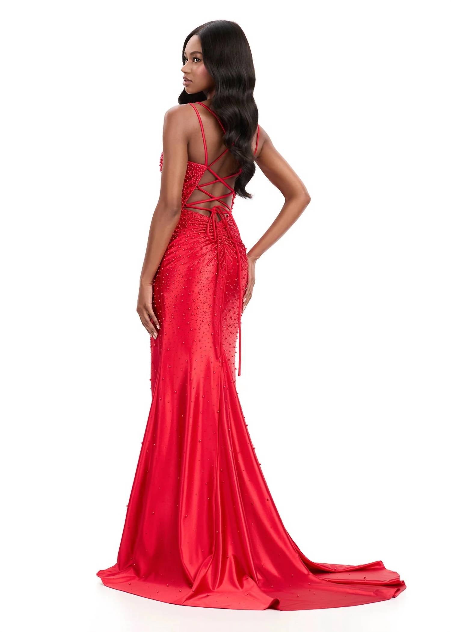 ASHLEYlauren Pearl Prom Dress With Lace in red - women's dress - alternate view