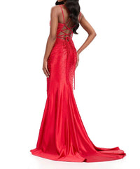 ASHLEYlauren Pearl Prom Dress With Lace in red - women's dress - detail view