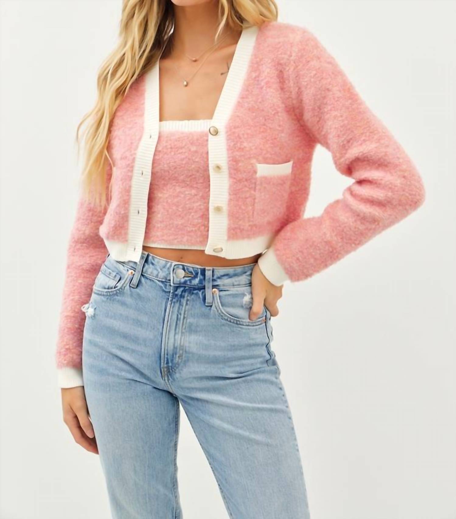 Idem Ditto - Elegant Wool Blend Fuzzy Tube And Cardigan Set
