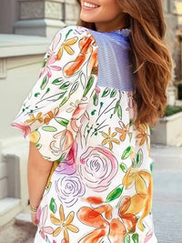 1 The Woman - Floral Striped Yoke Frilled V-neck Puff Short Sleeved Blouse