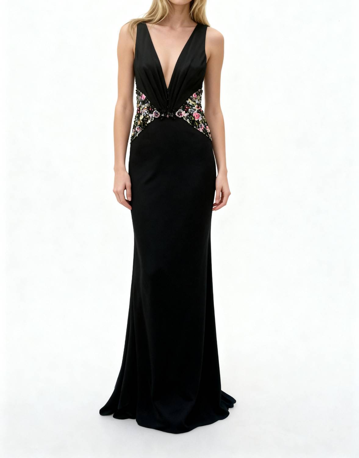 Stephen Yearick - V-neck Column Gown With Floral Embroidery