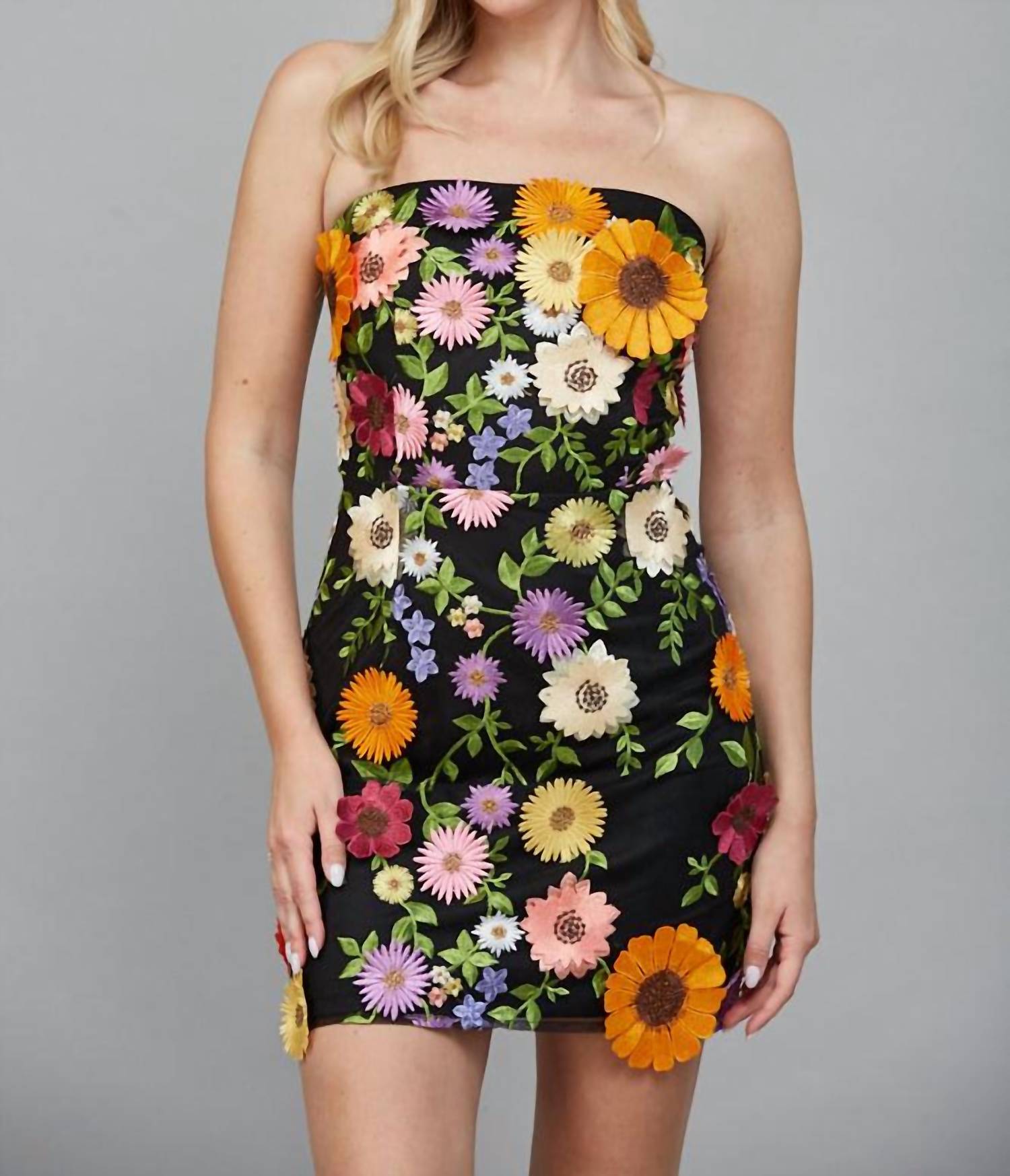 Fate All Over Flower Appliqué Strapless Dress in black multi - women's dress