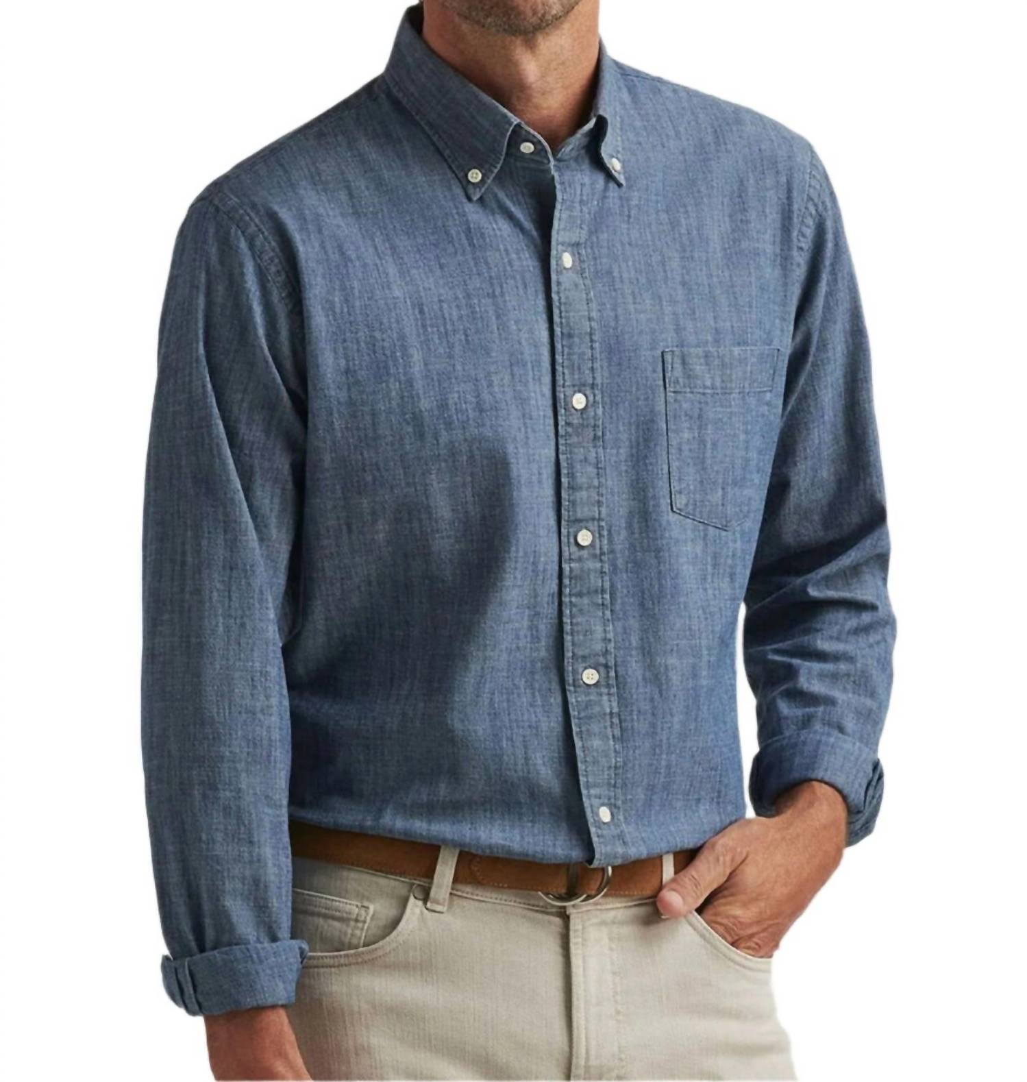 PETER MILLAR Tamworth Chambray Cotton-stretch Shirt in indigo - men's shirt