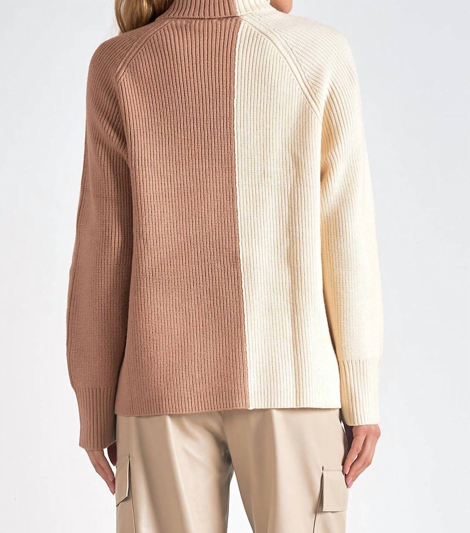 ELAN Turtle Neck Sweater in white beige color block - women's sweater - alternate view