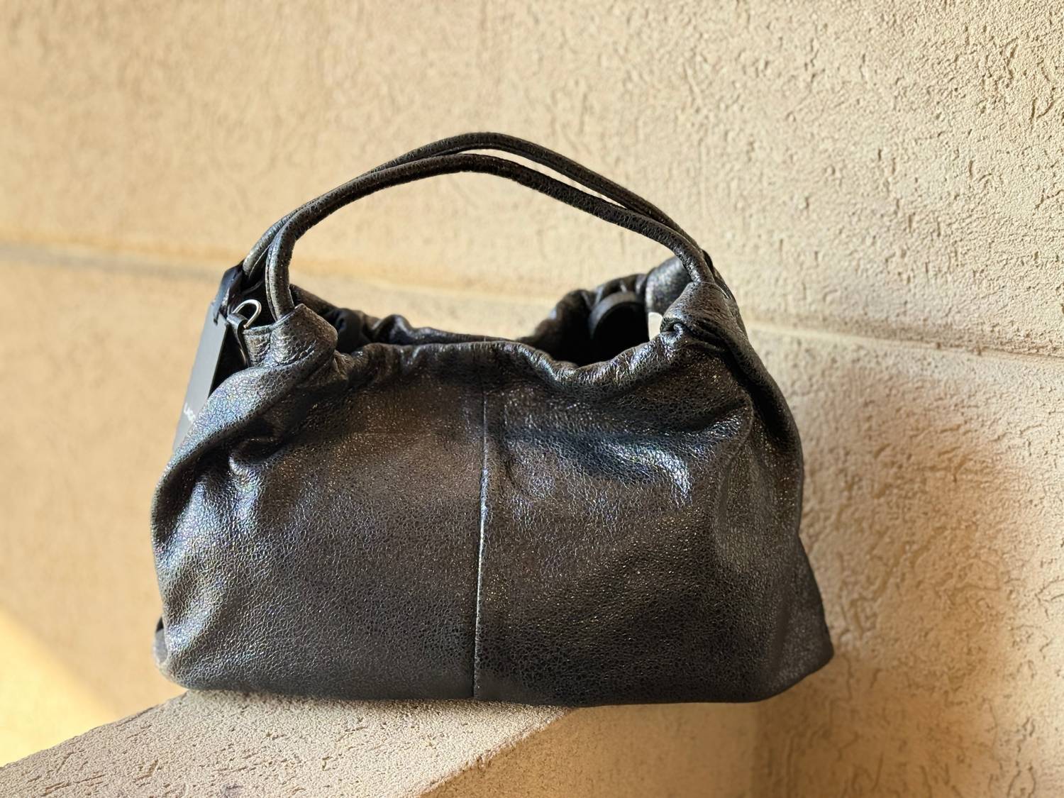 LAGGO Women's Juliet Max Leather Satchel Crossbody Bag in black crinkled - women's bag - detail view